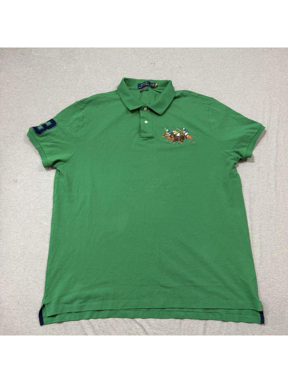 Polo Ralph Lauren Shirt Mens XXL Green Slim‎ Fit Triple Pony Embroidered Pique